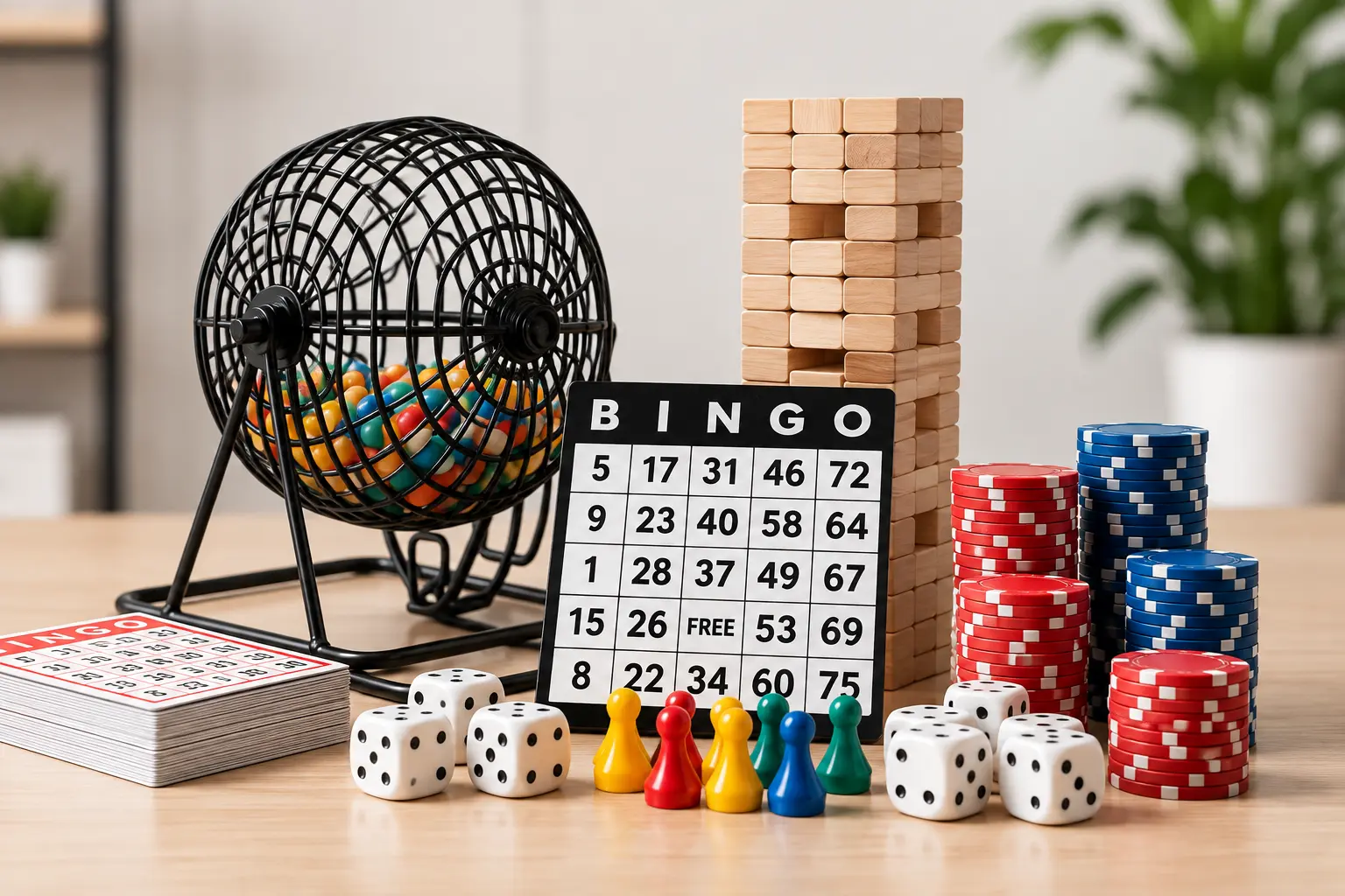 Bingo game set with bingo cage, cards, balls, dice, poker chips and wooden table game