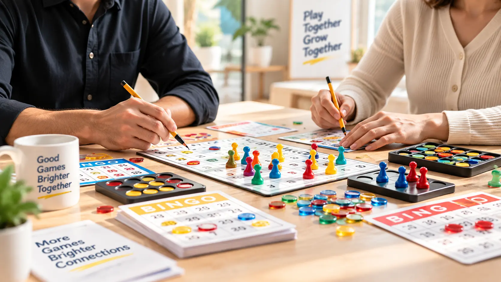 People playing bingo and tabletop games together with bingo cards, markers and colorful game pieces