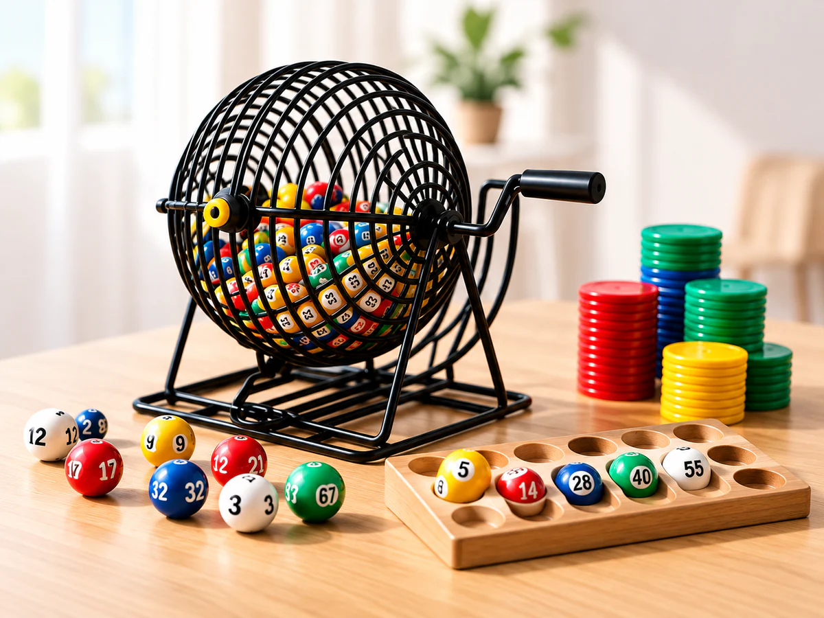 Bingo cage, numbered balls and colorful bingo chips