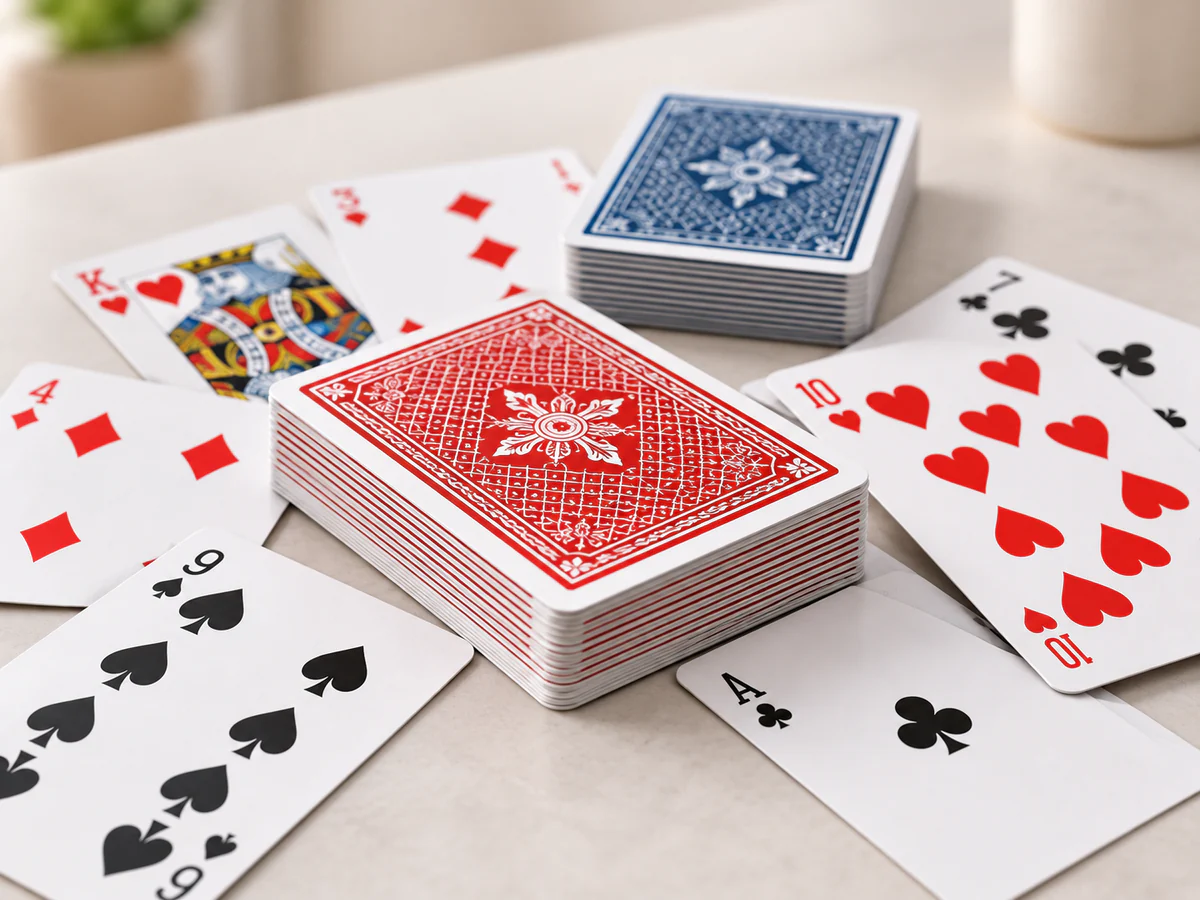 Red and blue playing card decks with face-up playing cards