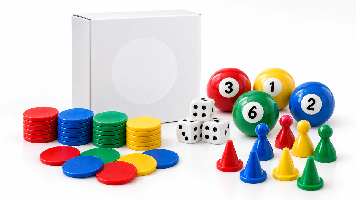 Custom packaging with colorful game chips, dice, numbered balls and pawns