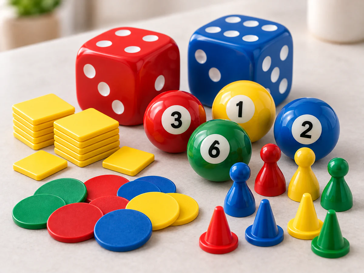 Colorful dice, numbered balls, pawns and game markers
