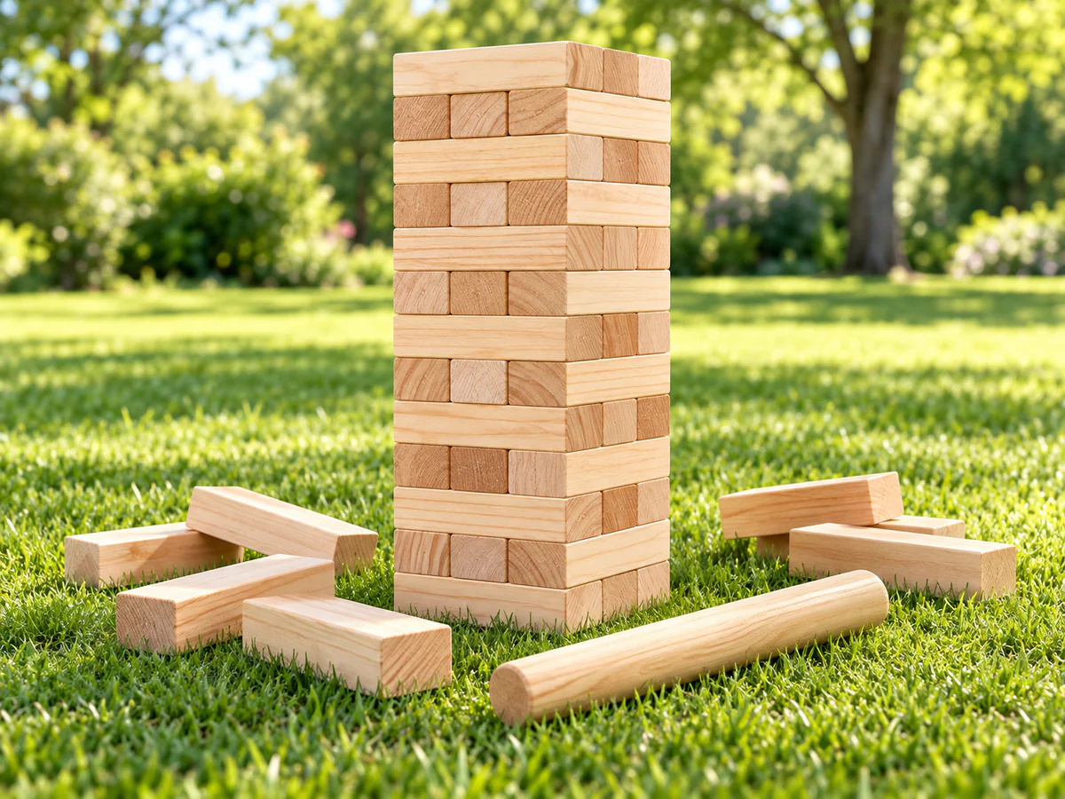 Giant wooden tumbling block game on a sunny lawn