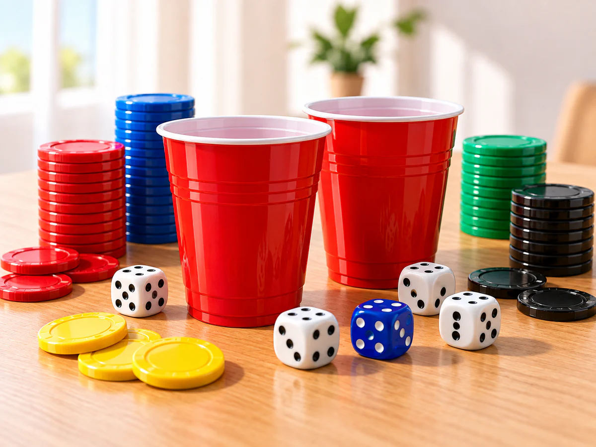 Red party cups with dice and colorful game chips