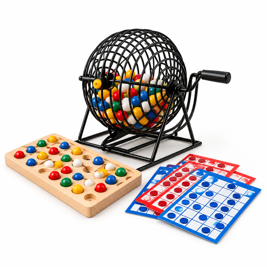Black metal bingo cage set with bingo balls, cards and wooden ball tray