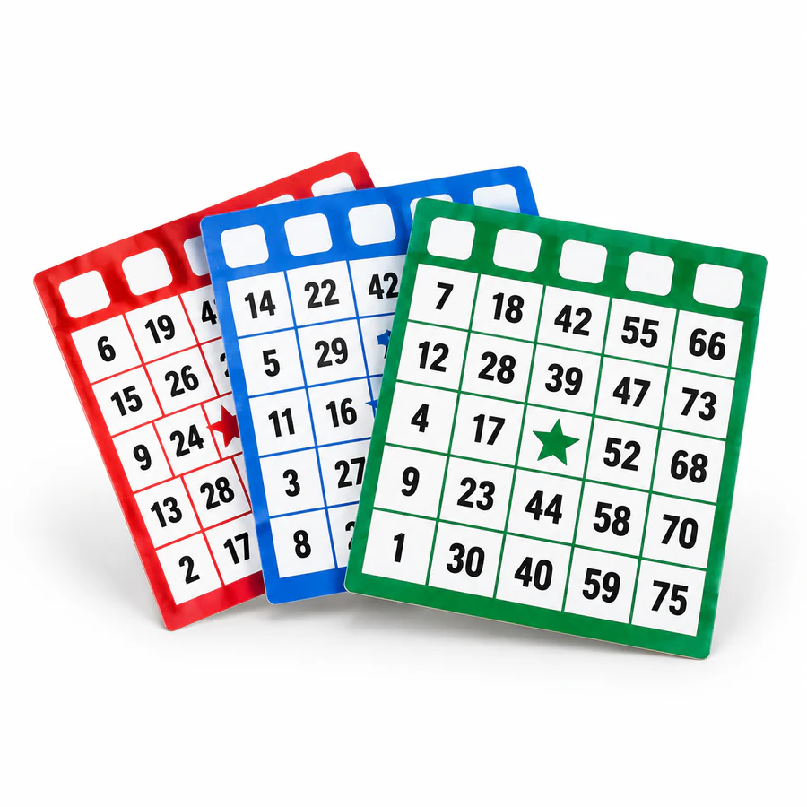 Red, blue and green reusable bingo cards