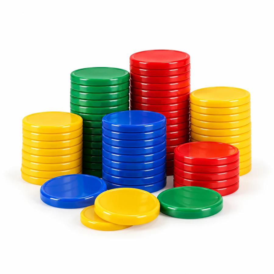 Stacks of red, blue, green and yellow bingo chips