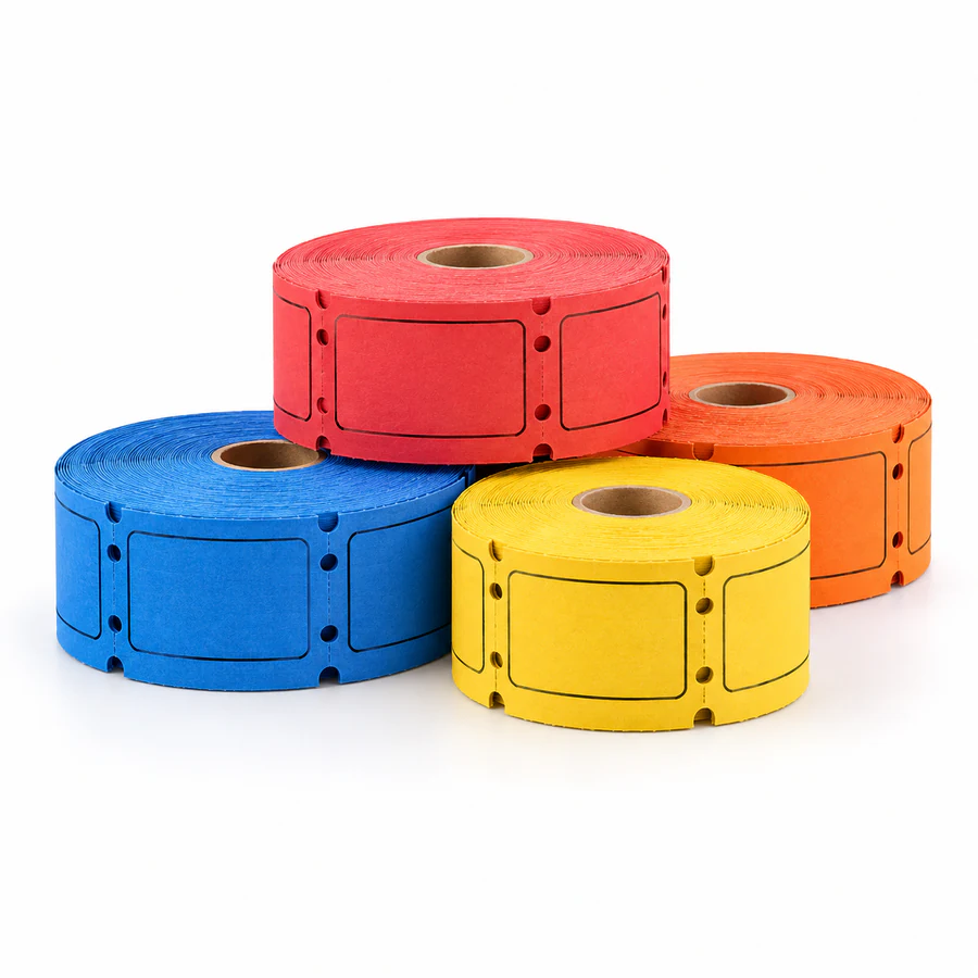 Colorful rolls of red, blue, yellow and orange raffle tickets