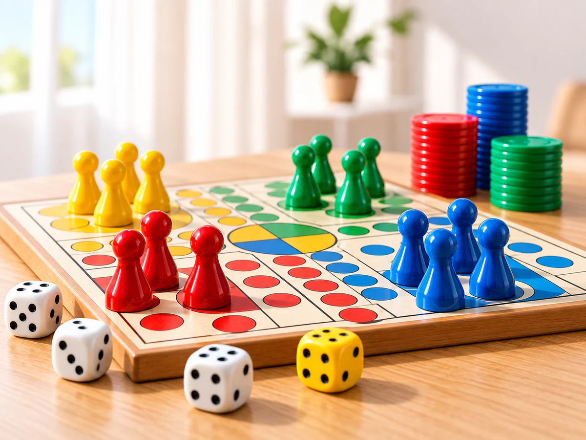 Colorful table game pawns, dice and chips for community activities