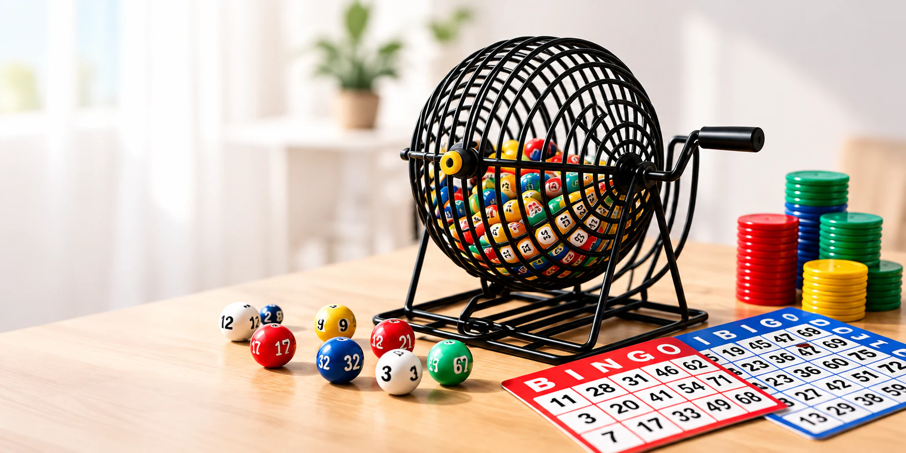Bingo cage, numbered balls, bingo cards and colorful chips for wholesale game solutions