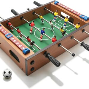 Mini wooden tabletop foosball game with control rods and included footballs