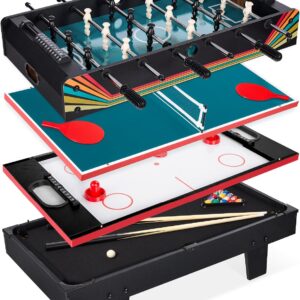 4 in 1 multi game table with interchangeable foosball, pool, hockey and table tennis surfaces
