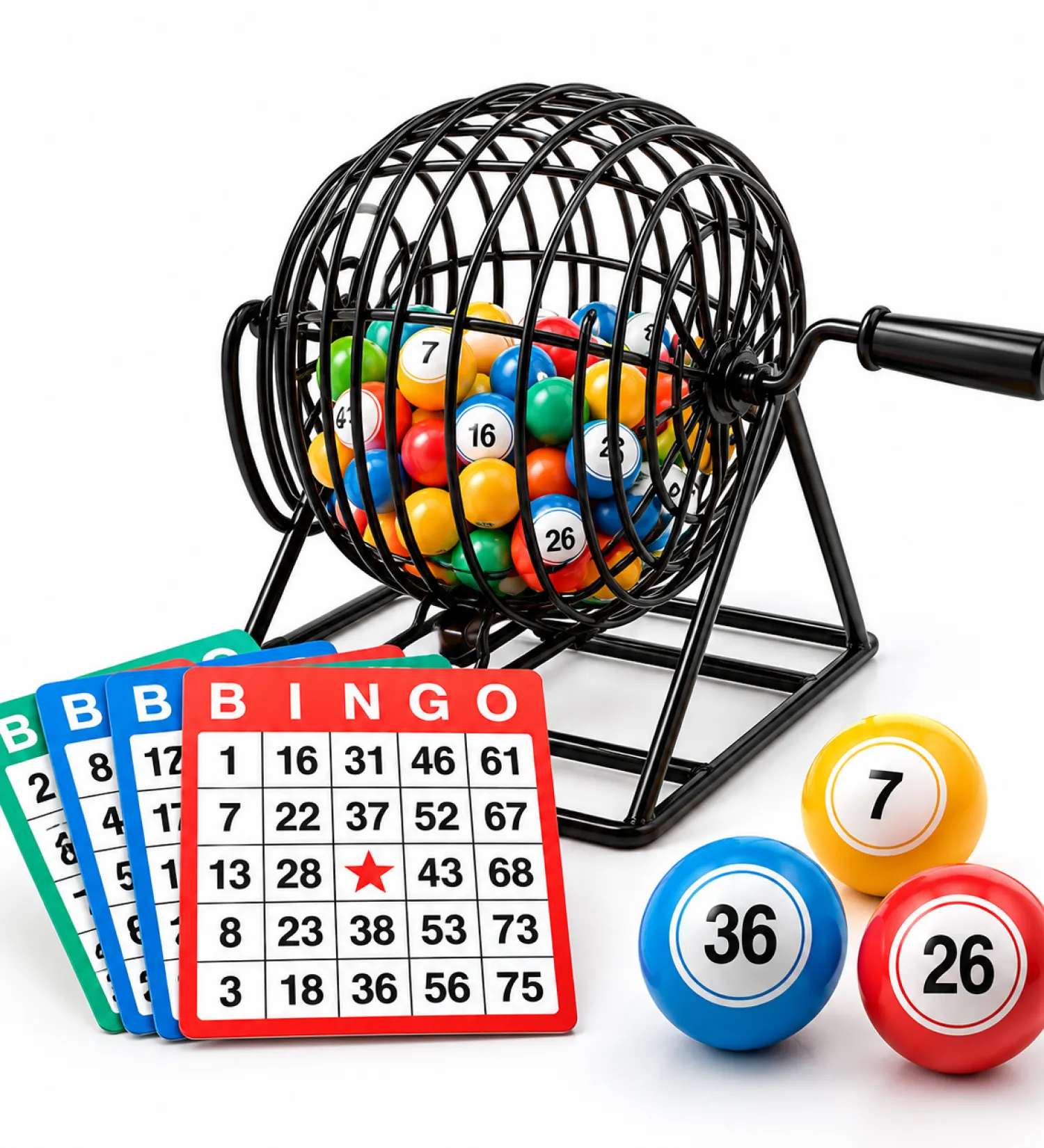 Black metal bingo cage set with bingo balls, cards and wooden ball tray