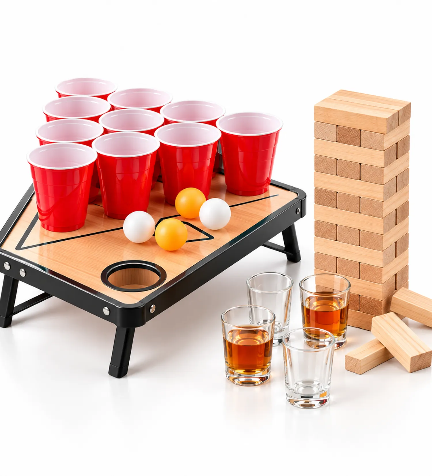 Drinking games collection with mini golf, basketball, soccer and shot glass party games