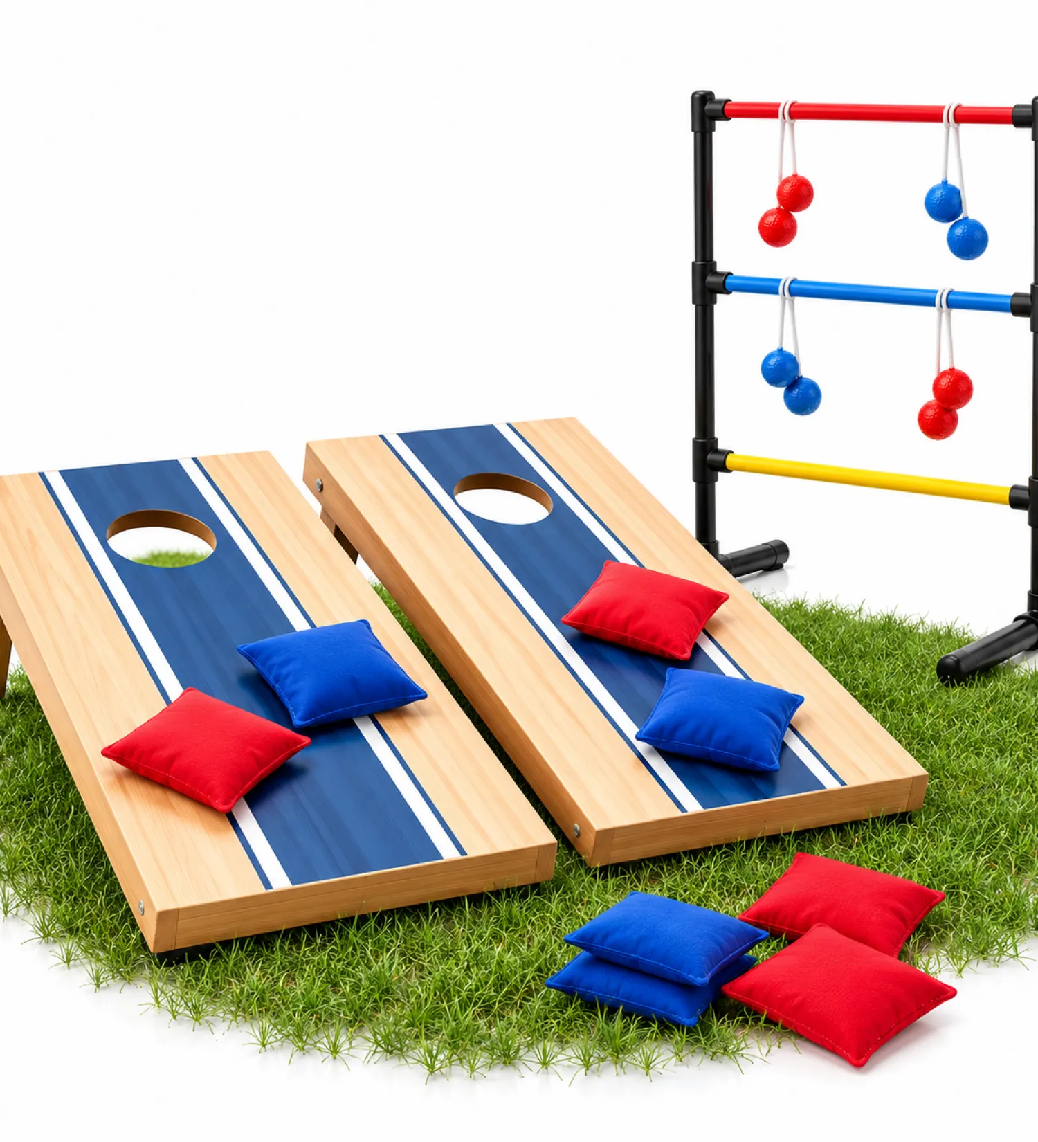 Outdoor games collection with cornhole, ring toss, soccer goal and lawn games