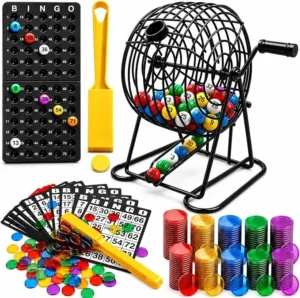 Bingo supply set with a steel cage, numbered balls, cards, colorful chips and collection wands