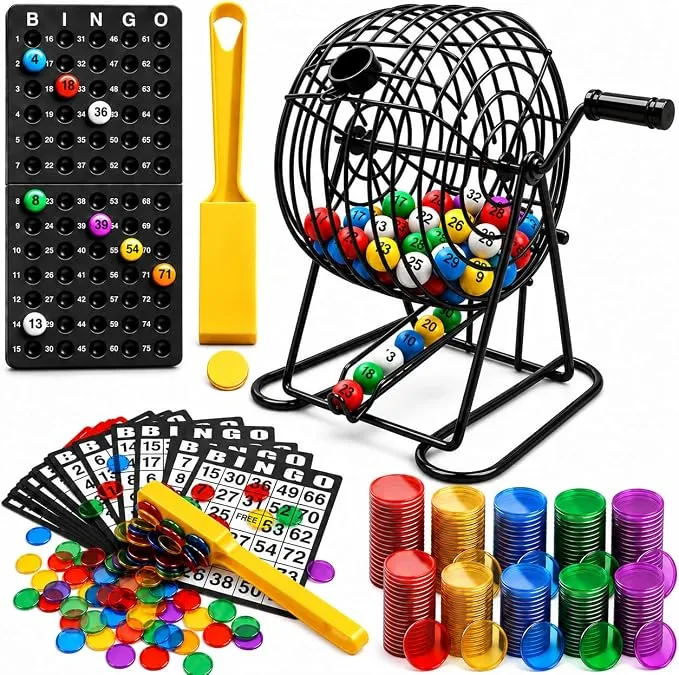 Bingo supply set with a steel cage, numbered balls, cards, colorful chips and collection wands