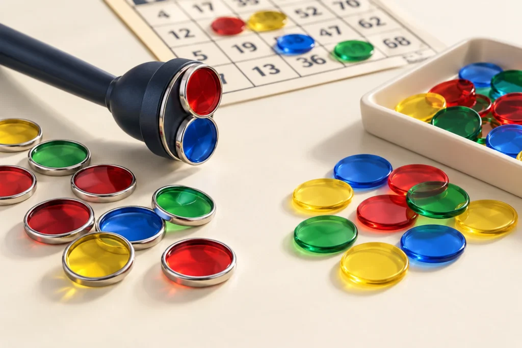 AI illustration of metal-rimmed and plain bingo chips beside a pickup wand and card