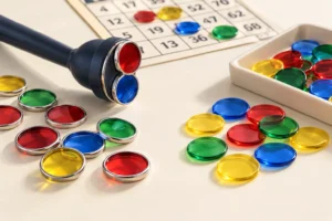 AI illustration of metal-rimmed and plain bingo chips beside a pickup wand and card