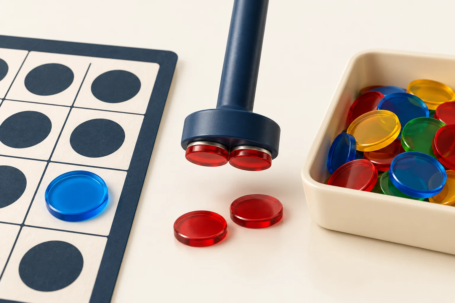 Illustration of bingo marker card fit, magnetic wand pickup and chip storage