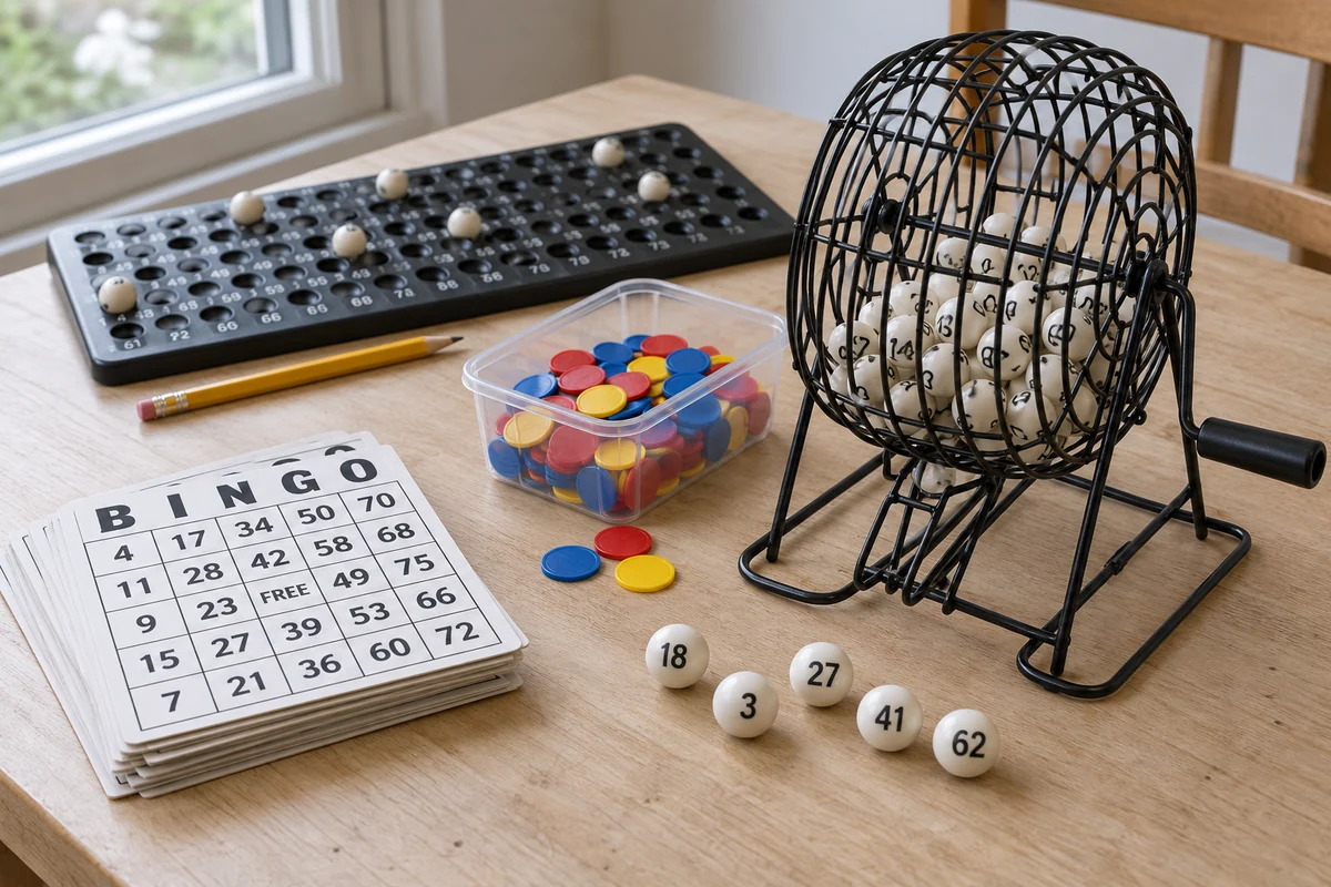 Essential bingo night supplies including bingo cards, a bingo cage, numbered balls, and markers.