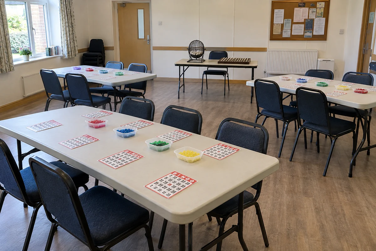 Tables and chairs arranged for a community bingo night with game supplies ready for participants.