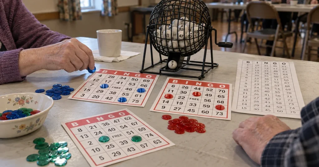 A bingo night setup with bingo cards, numbered balls, and markers for a group event.