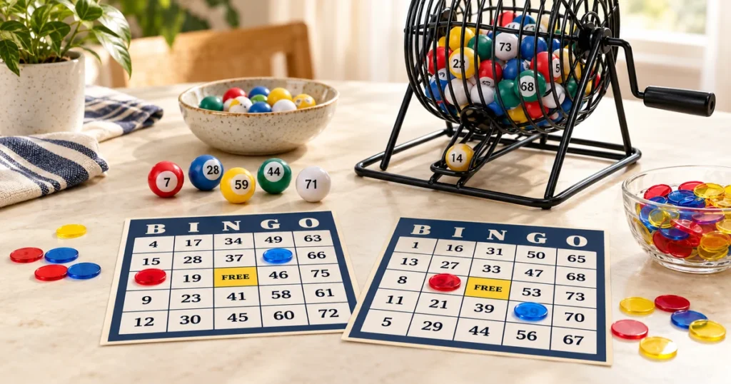 Bingo cards, numbered balls, and markers arranged for a classic 75-ball bingo game.